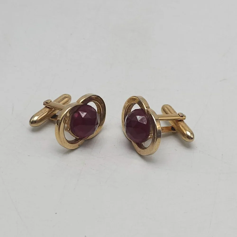 Vintage Swank Double Ring Cufflinks With Red Rose Cut Ruby Rhinestone